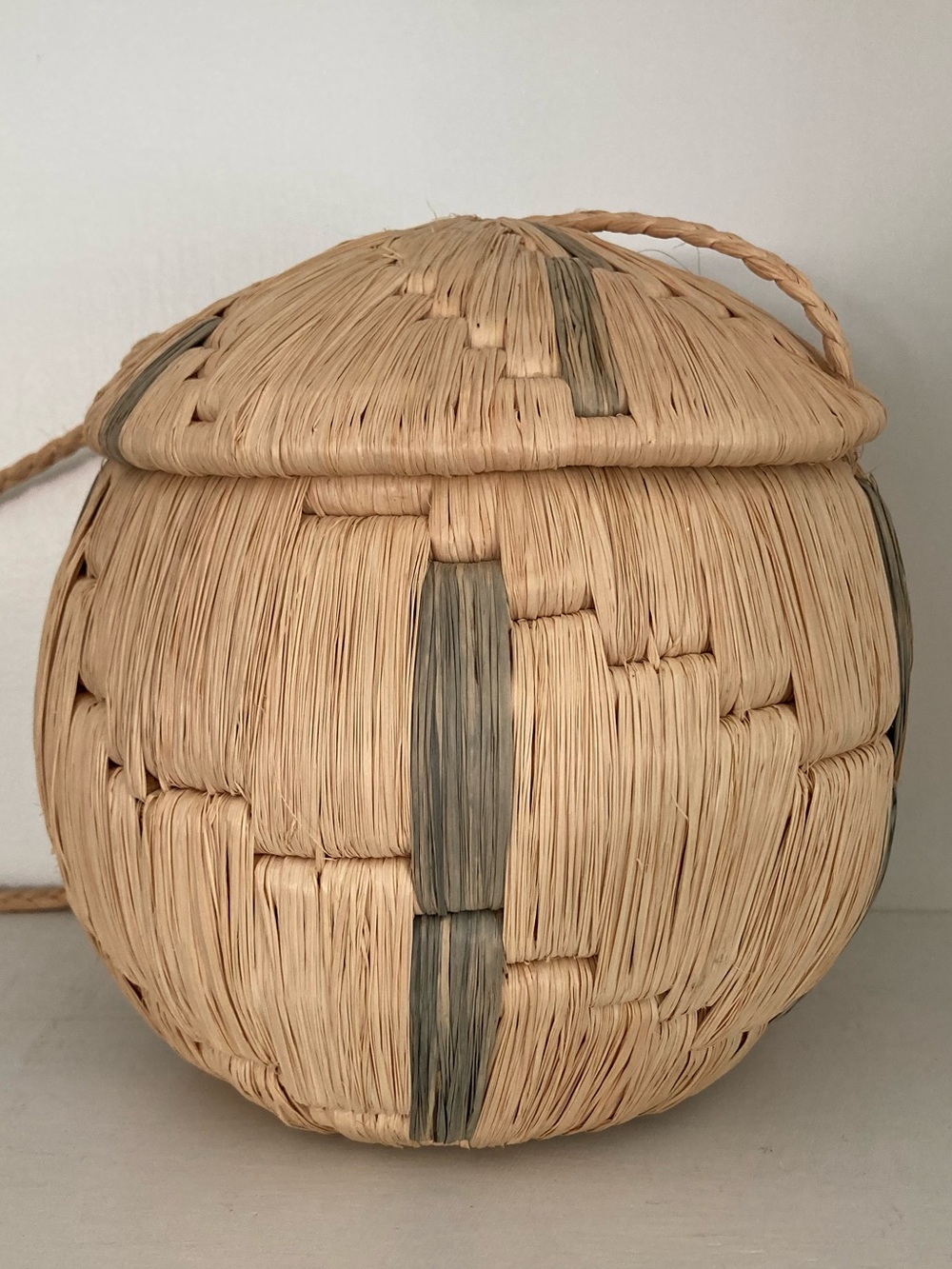 Handwoven ~ Lidded Hanging Basket ~ Boho Coastal Vibe